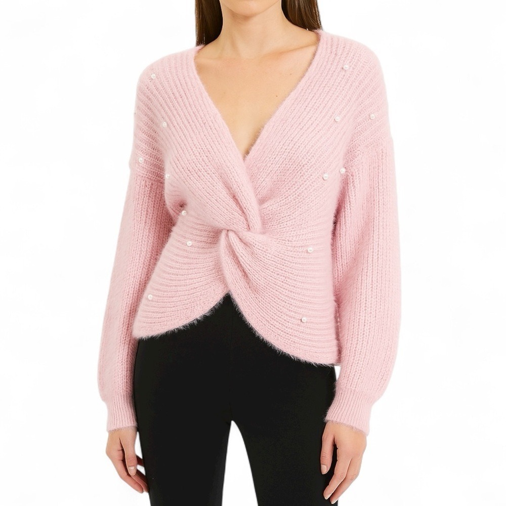 ALMOST FAMOUS Y2K Pink Twist Front V-Neck Eyelash Sweater Pearl Accent, Large